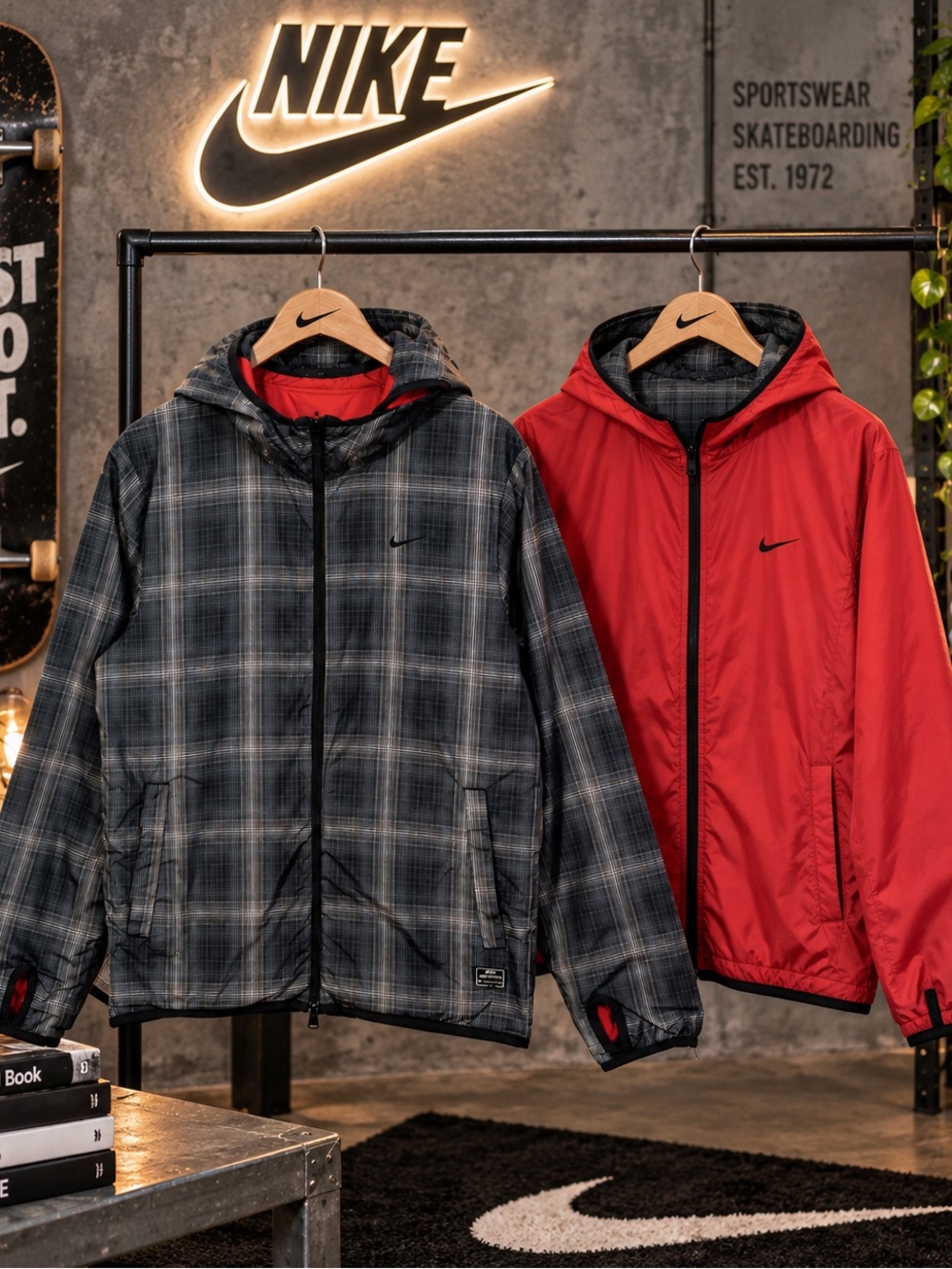 Nike Reversible Windbreaker Jacket Men’s L Plaid Gray Red Hooded Y2K Vintage